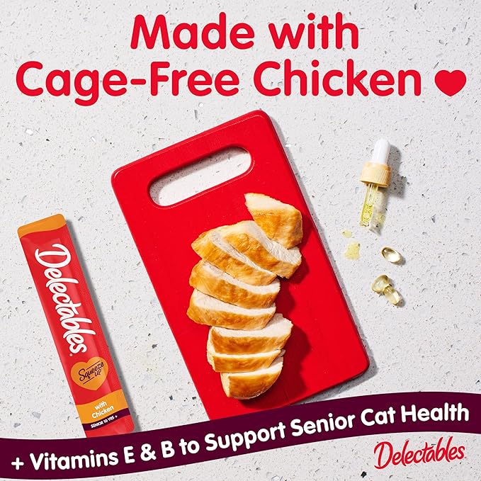 Delectables Squeeze Up Creamy Squeezable Puree, Lickable Wet Cat Treats, Grain Free, No Added Fillers, No By-Products, No Added Preservatives, 0.5 Ounces Senior Chicken, 32 Tubes Total