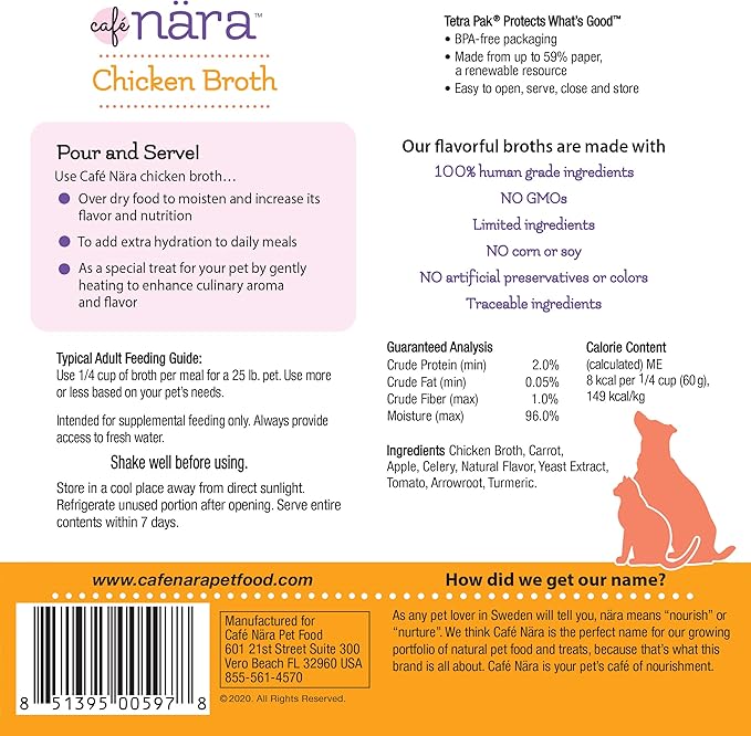 Cafe Nara - Chicken Broth - Meal Topper for Dogs & Cats - Supports Overall Pet Health - Pour-Over Broth for Wet/Dry Food - Human Grade Ingredients - Non-GMO - Made in USA - 17.6 oz - 1 Pack
