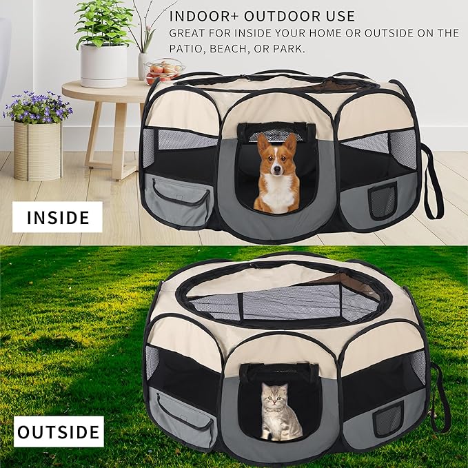Pet Cat Playpen for Indoor Cats Enclosed,Puppy Small Dog Cat Tent Crates Cage,Portable Pet Dog Playpen,29x29x16,Grey/Beige,1Pack