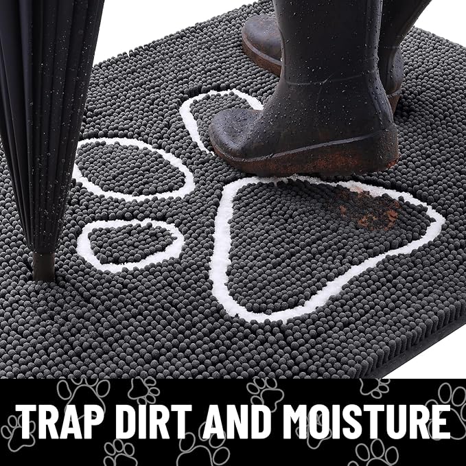 Smiry Dog Door Mat for Muddy Paws, Absorbent Dirt Trapper Non Slip Quick Dry Washable Chenille Mat for Mud Dogs, Entry Rug for Indoor and Outdoor (59x35 Inches, Dark Grey and White)