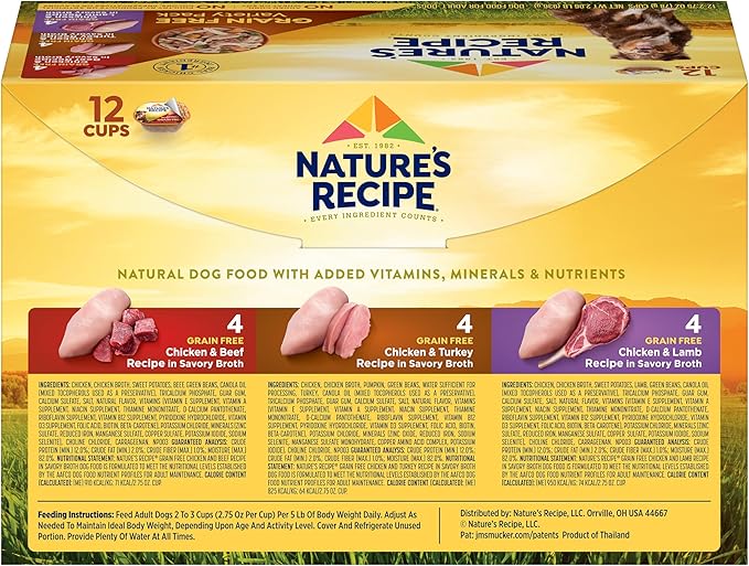 Nature’s Recipe Grain Free Chicken & Beef, Chicken & Turkey, Chicken & Lamb Wet Dog Food Variety Pack, 2.75 Ounce (Pack of 12)