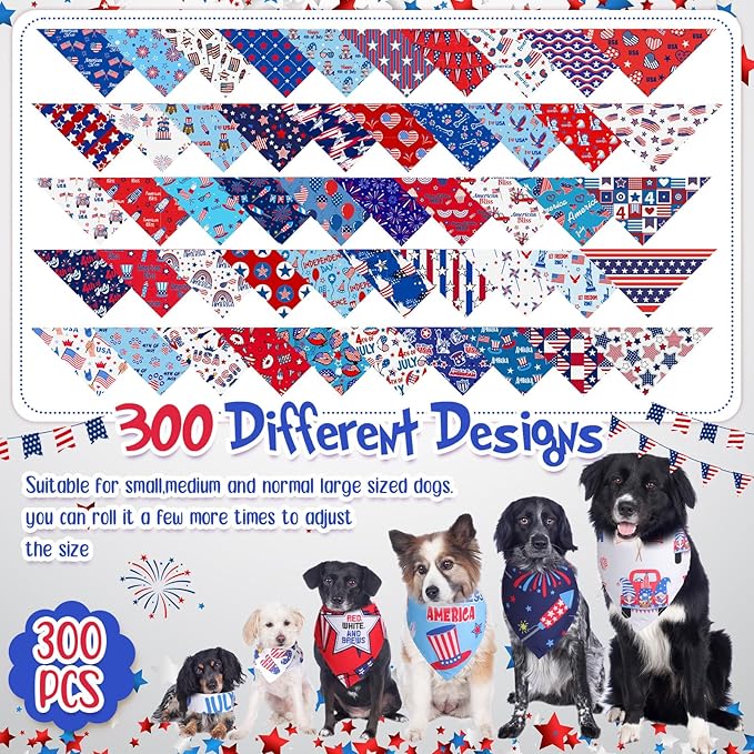 Kacctyen 300 Pcs 4th of July Dog Bandanas Bulk Patriotic Dog Adjustable Cute Washable Triangle Kerchief Scarf Bibs for Small to Medium Pet Seasonal Party Costume Accessories