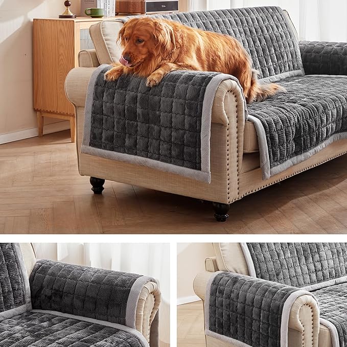 Couch Cover for Dogs Washable,Anti-Slip Back Cat Mat Pet Pad Blanket for Furniture Protector,Fuzzy Pet Sofa Cover for 3 Cushion Couch Sofa Pets Friendly (Dark Gray, 2pc/28"x28"-Arm/Backrest Cover)