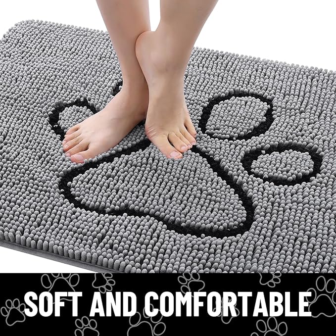 Smiry Dog Door Mat for Muddy Paws, Absorbent Dirt Trapper Non Slip Quick Dry Washable Chenille Mat for Mud Dogs, Entry Rug for Indoor and Outdoor (40x24 Inches, Grey and Black)