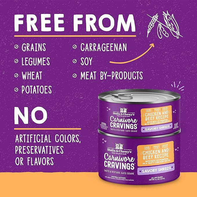 Stella & Chewy's Carnivore Cravings Savory Shreds - Wet Cat Food - High-Moisture Formula with Premium Cage-Free Chicken & Grass-Fed Beef - Perfect for Picky Eaters - 2.8 oz, 24 Count