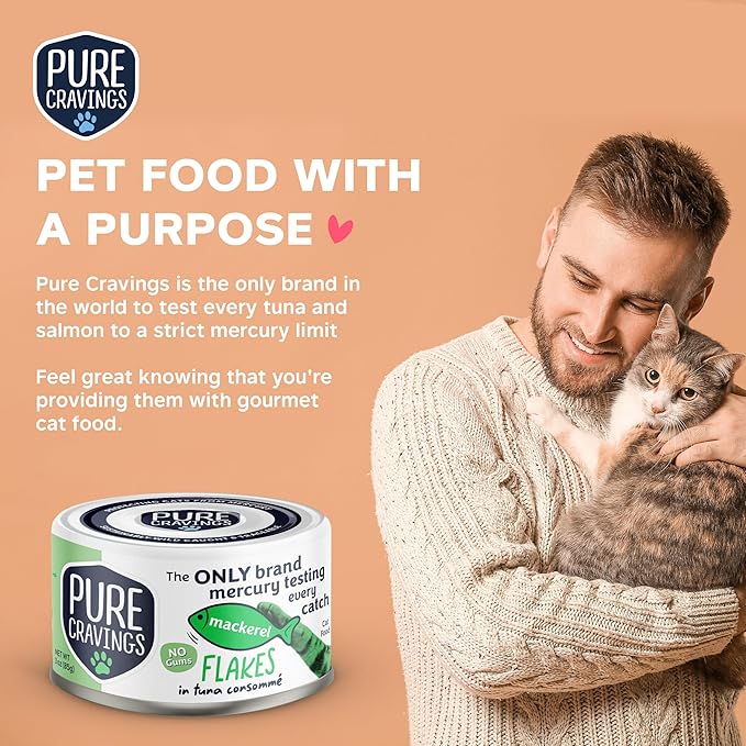 Pure Cravings Mackerel Flakes in Tuna Consommé, Canned Wet Cat Food Soup, 100% Mercury-Tested, Moist Can Fish, Grain-Free Protein, Non-GMO, 3oz, Pack of 12
