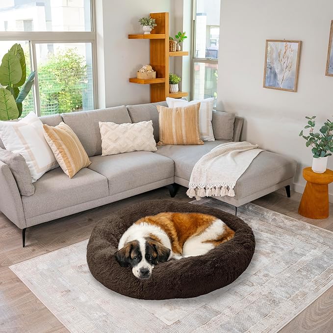 Best Friends by Sheri Original Calming Donut Dog and Cat Bed, Shag Faux Fur, Dark Brown, XL (45in x 45in) - Anxiety Relief for Pets Up to 150 lbs