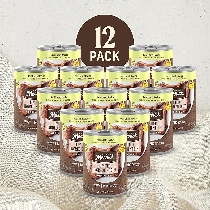 Merrick Limited Ingredient Diet Premium Grain Free Wet Dog Food, Healthy And Natural Poultry Free Canned Dog Food With Lamb - (Pack of 12) 12.7 oz. Cans