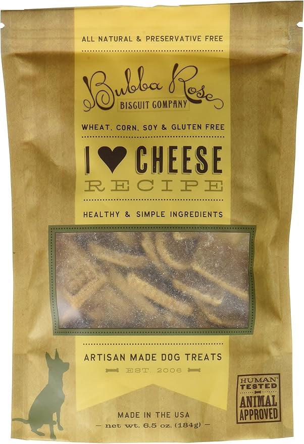 Bubba Rose Biscuit Co. - Cheese Dog Biscuits - I Heart Cheese 6.5 oz. Bag - Allergy Friendly, Wheat, Corn, Soy & Gluten-Free Dog Treats, Made in The USA