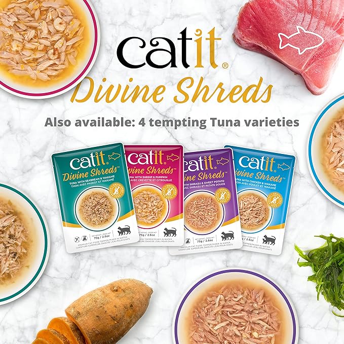 Catit Divine Shreds Premium Cat Food Topper, Chicken with Mackerel & Broccoli (Pack of 4)