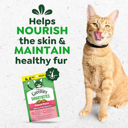 Greenies Cat Treats, Feline Smartbites, Skin & Fur Health, Crunchy and Soft Cat Treats, Salmon Flavor, 4.6 oz. Pack