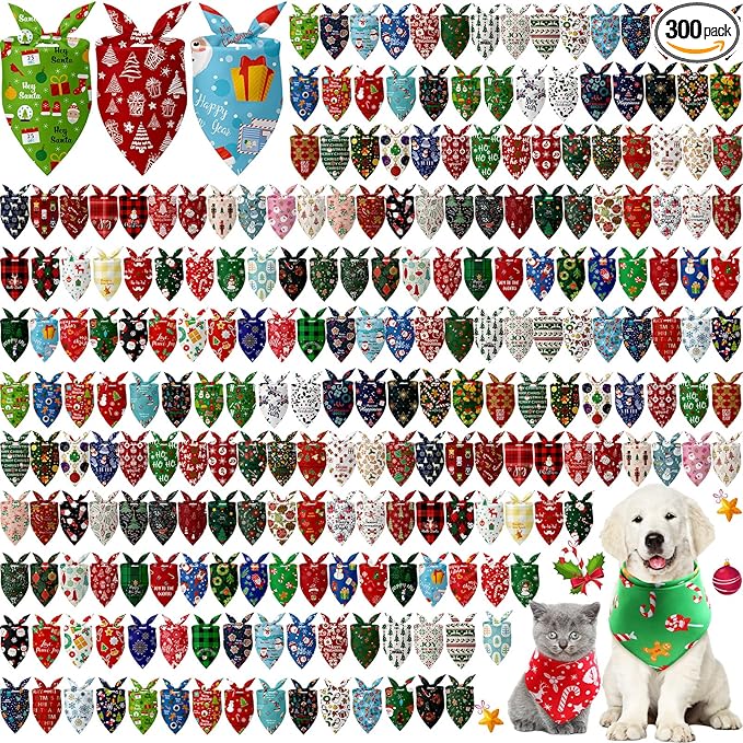 Kacctyen 300 Pcs Christmas Dog Bandanas Bulk Adjustable Winter Holiday Scarfs Washable Santa Snowman Christmas Tree Pet Bibs Pet Costume Accessories for Small Medium Large Dogs Cats Grooming Supplies