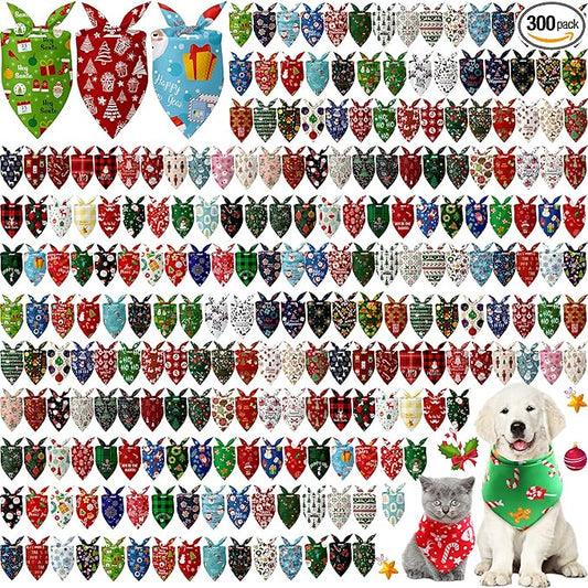 Kacctyen 300 Pcs Christmas Dog Bandanas Bulk Adjustable Winter Holiday Scarfs Washable Santa Snowman Christmas Tree Pet Bibs Pet Costume Accessories for Small Medium Large Dogs Cats Grooming Supplies