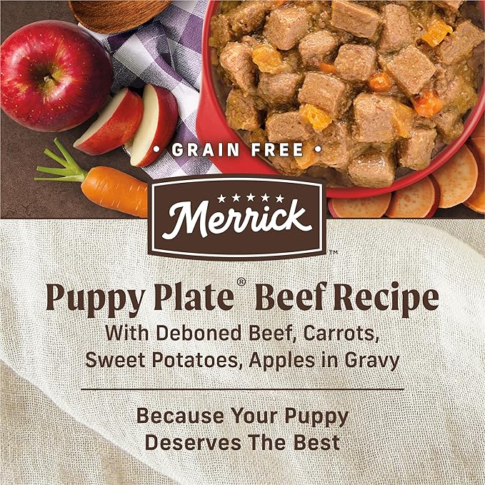 Merrick Grain Free Wet Puppy Food, Premium Soft And Gluten Free Canned Dog Food, Puppy Plate Beef Recipe - (Pack of 12) 12.7 oz. Cans