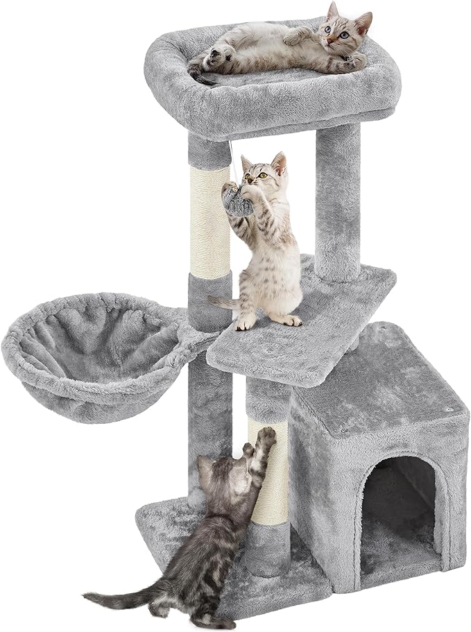 Yaheetech 34.5in Scratching Post, Cat Scratchers for Indoor Cats and Kittens, Multifunctional Activity Post w/Sisal Rope＆Dangling Ball＆Large Condo, Light Gray
