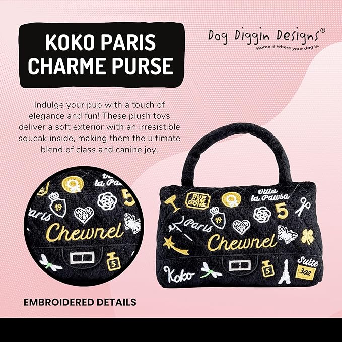 Dog Diggin Designs Chewnel Koko Paris Charme Plush Dog Toy Purse | Luxury-Inspired Parody Designer Handbag with Squeaker, Soft Plush Fashion Dog Toy – Haute Couture Purses & Handbags