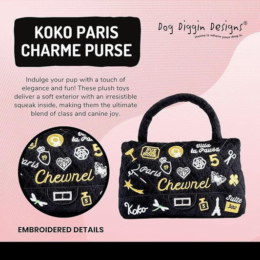 Dog Diggin Designs Chewnel Koko Paris Charme Plush Dog Toy Purse | Luxury-Inspired Parody Designer Handbag with Squeaker, Soft Plush Fashion Dog Toy – Haute Couture Purses & Handbags