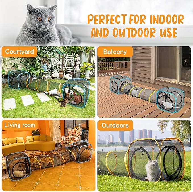 Collapsible Cat Play Tunnel & House for Indoor/Outdoor, Easy Connect with Cat Tent (2 Cubes + Run Tunnel)