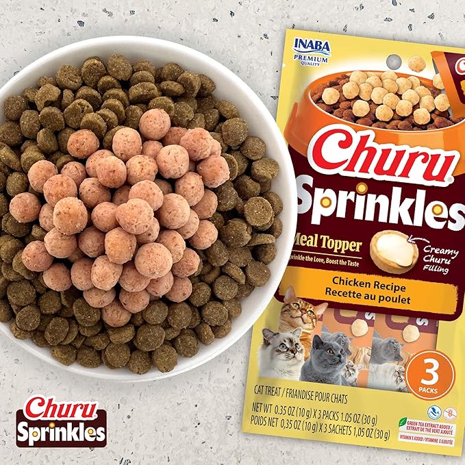 INABA Churu Sprinkles for Cat, Soft & Chewy Churu Filled, Baked Chicken Cat Treat Meal Topper with Vitamin E and Green Tea Extract, 1.05 oz. per Pack, 18 Packs Total, Chicken Recipe with Dashi Flavor