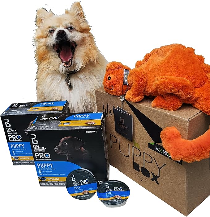 Puppy Wet Food Kit. Pure Balance Pro+ Chicken Stew Wet Dog Food for Puppies, Grain Free, 3.5 oz Cups (24 Pack) NANDOG Plush Toy