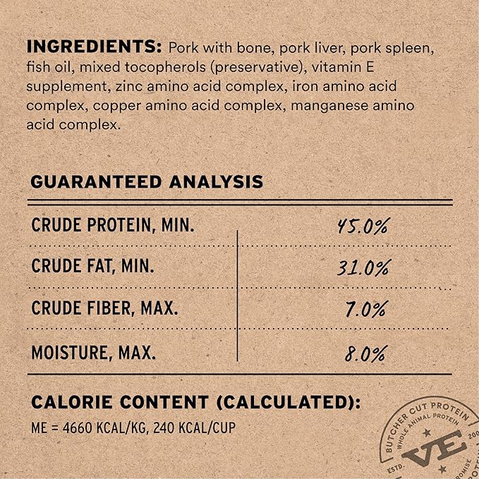 Vital Essentials Freeze Dried Cat Food, Raw Pork Crunchy Mini Nibs | Complete Meal or Topper | 96% Pork, Organs & Bone | Limited Ingredient, High Protein, Grain Free Dry Cat Food | 8 oz Bag