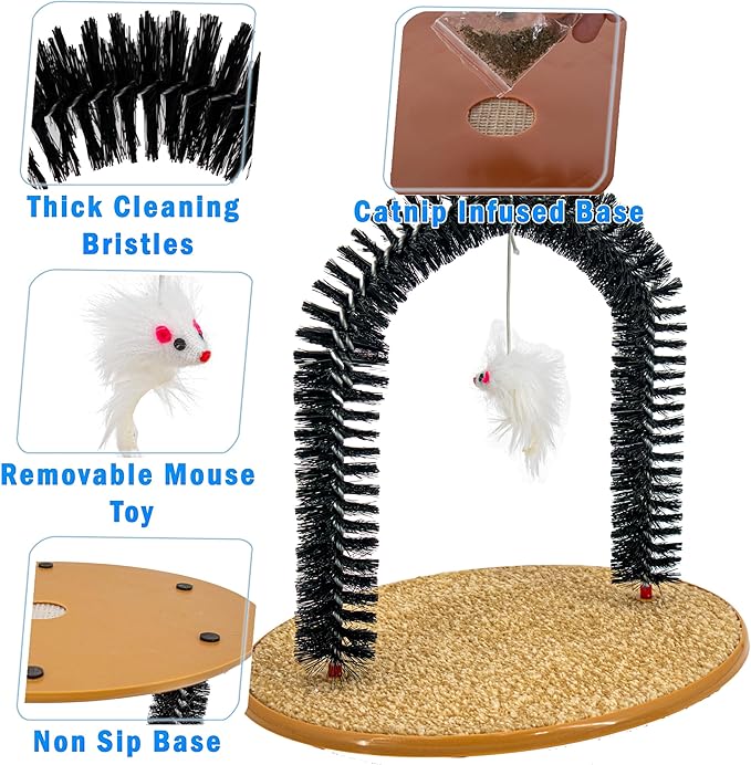 Perfect Cat Self Grooming Arch Toy & Post with Cat Mouse Toy, Bristles, Scratch Pad and Catnip - for Scratching, Brushing, and Massaging - Prevents Furniture Damage & Promotes Healthier Indoor Cats