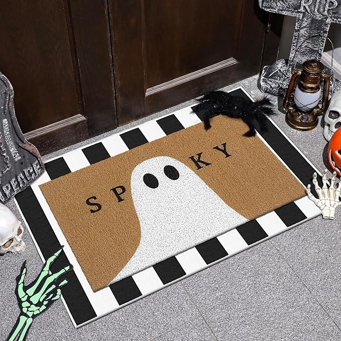Tinideya 2 Pcs Halloween Doormat Spooky Ghost Outdoor Welcome Mats for Front Door Non Slip Ghost Coir Floor Mat Black White Stripe Halloween Rug for Outside Front Porch Entryway Decor