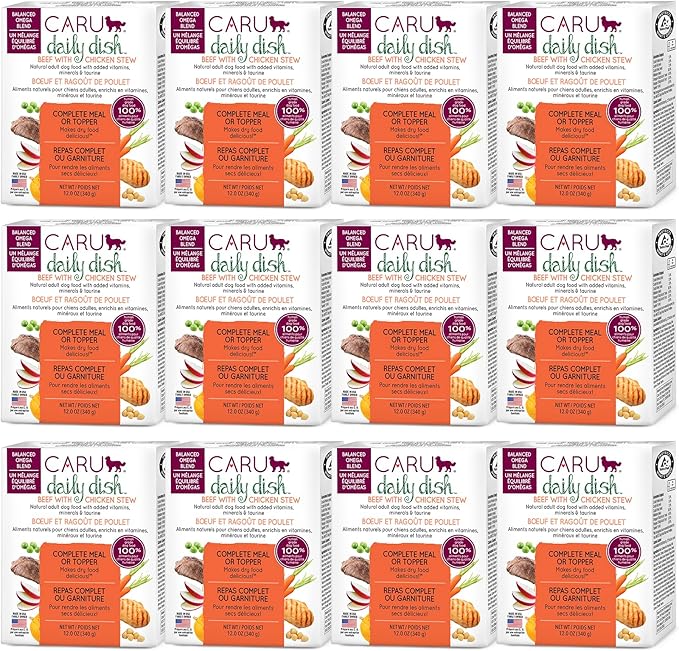 Caru - Daily Dish Beef & Chicken Stew - For Dogs - Supports Overall Pet Health - Wet Dog Food/Meal Topper - Human Grade Ingredients - Grain, Corn & Soy Free - Non-GMO - Made in USA - 12oz - Case of 12