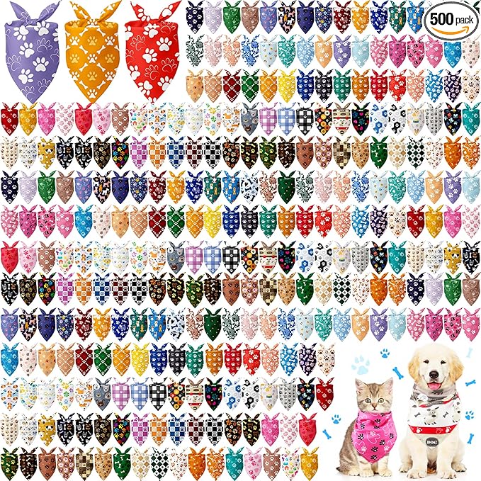 Kacctyen 500 Pcs Dog Bandanas Bulk Large Bandana with Funny Paws Pattern Washable Pet Scarfs Bibs for Small Medium Large Dogs Cats Daily Holiday Party Costume Accessories Grooming Supplies