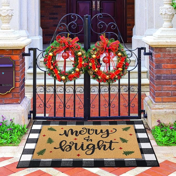 Tinideya 2 Pcs Christmas Welcome Door Mat Merry Bright Outdoor Welcome Mats for Front Door Non Slip Xmas Tree Coir Floor Mat Black White Check Christmas Rug for Outside Front Porch Entryway Decor