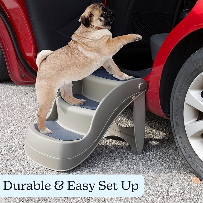Pet Stairs - Durable Dog Stairs for Small Dogs with 3-Step Design and Safety Locking Pins - Cat or Dog Steps for Home and Vehicle by PETMAKER (Tan)