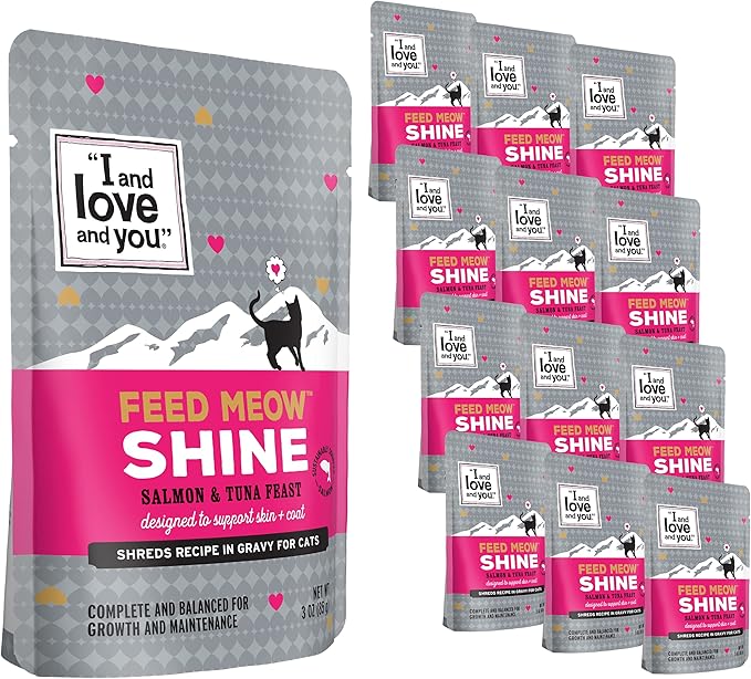 I and Love and You Feed Meow Shine Wet Cat Food - Salmon + Tuna - Coat and Skin Support, Grain Free, Shreeded, No Fillers, 3oz Pack of 12