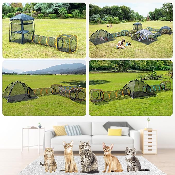 Collapsible Cat Play Tunnel & House for Indoor/Outdoor, Easy Connect with Cat Tent (2 Cubes + Run Tunnel)