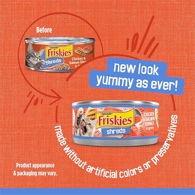 Purina Friskies Shreds Chicken and Salmon Dinner in Wet Cat Food Gravy - (Pack of 24) 5.5 oz. Cans