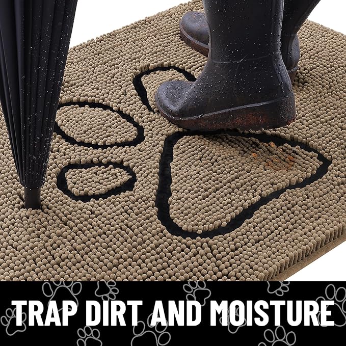 Smiry Dog Door Mat for Muddy Paws, Absorbent Dirt Trapper Non Slip Quick Dry Washable Chenille Mat for Mud Dogs, Entry Rug for Indoor and Outdoor (24x16 Inches, Camel and Black)