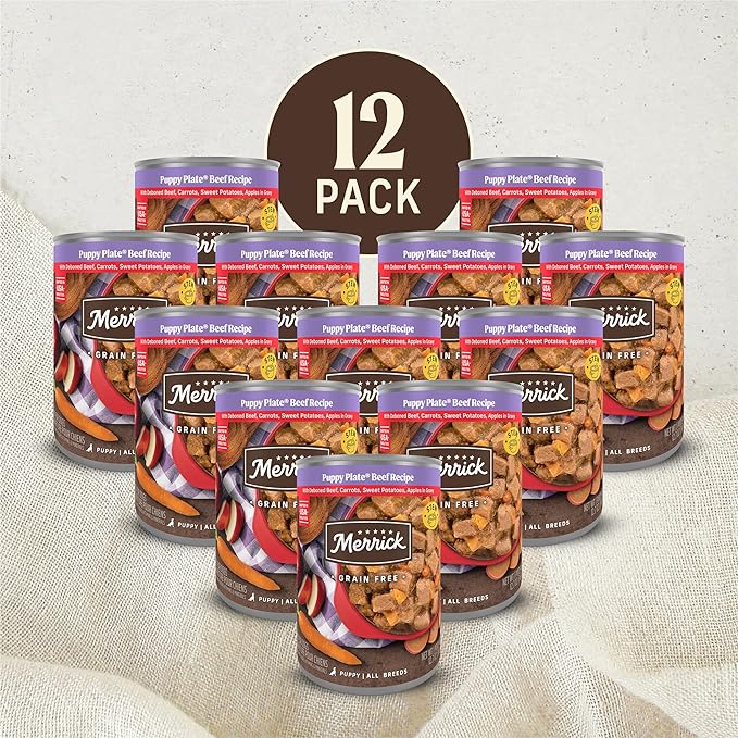 Merrick Grain Free Wet Puppy Food, Premium Soft And Gluten Free Canned Dog Food, Puppy Plate Beef Recipe - (Pack of 12) 12.7 oz. Cans