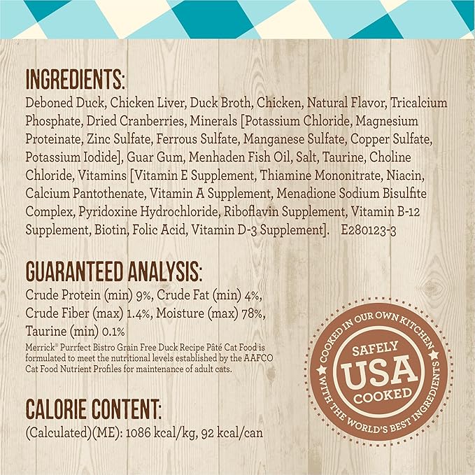 Merrick Purrfect Bistro Grain Free Premium Soft Canned Pate Adult Wet Cat Food, High Protein Duck Recipe - (Pack of 24) 3 oz. Cans