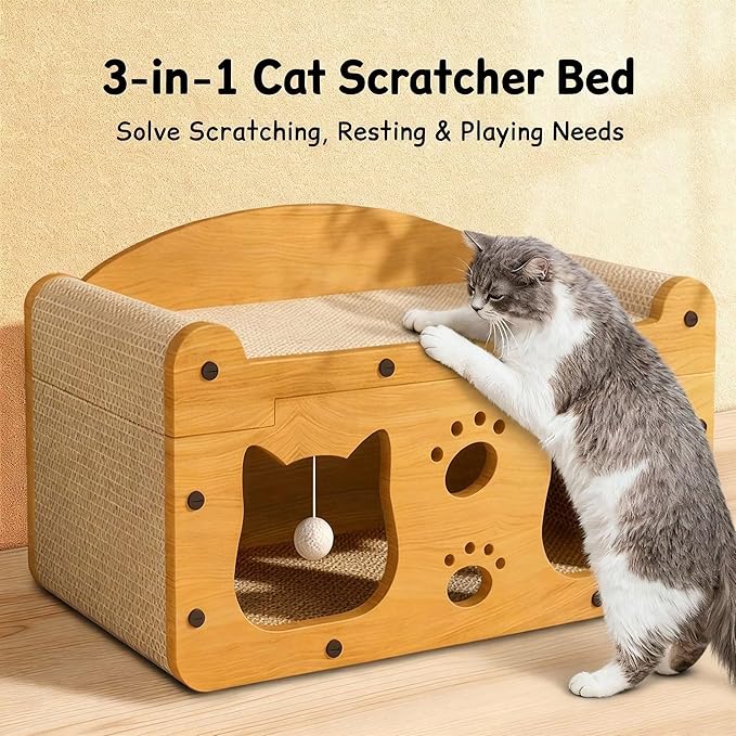Multi-Function Cat Scratcher House Box,3-in-1 Scratch Pad and Soft Bed & Play Cave with Toys, Durable Build & Ideal for Cats/Kitty (Yellow,MD-CAT1)