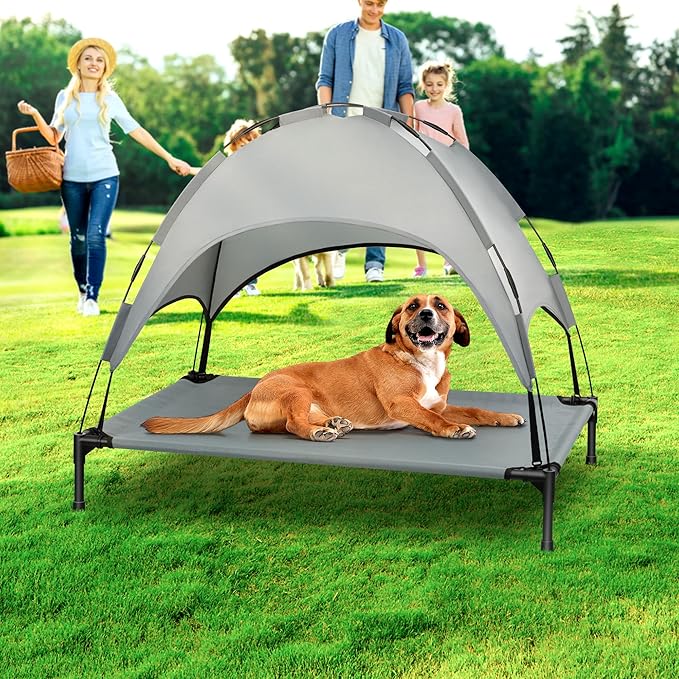 Heeyoo Elevated Dog Bed with Canopy, Portable Dog Cot with Removable Shade Tent, Outdoor Raised Pet Cot Cooling Bed for Dogs