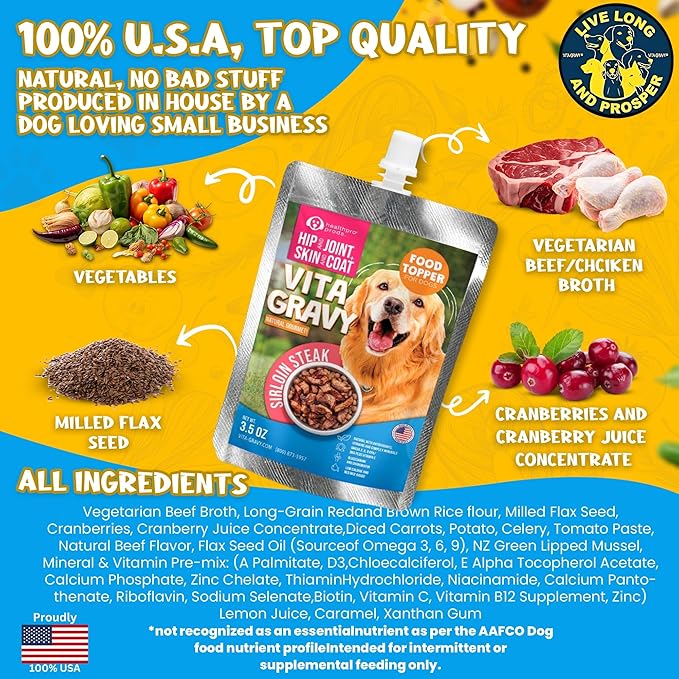 Healthpro VitaGravy® Dog Food Topper, Natural Dog Treat. Real, Sirloin Steak Purée Delicious and Delightful. Dogs Love its Irresistable Real Human, Food-Grade Ingredients! 3.5oz, 3 Pk