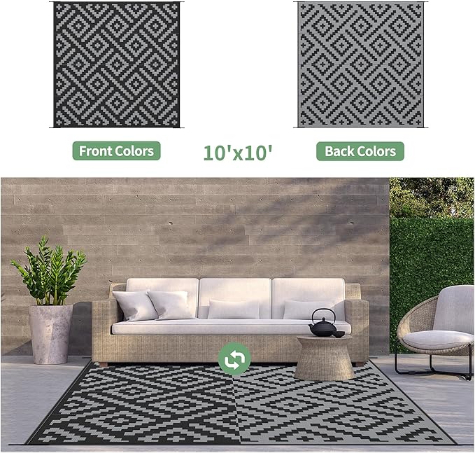 GENIMO Outdoor Rug Waterproof, 10' x 10' Reversible Plastic Straw Rug, Lightweight Large RV Camping Mat for Patio, Deck, Camper, Balcony, Backyard, Picnic, Black & Gray