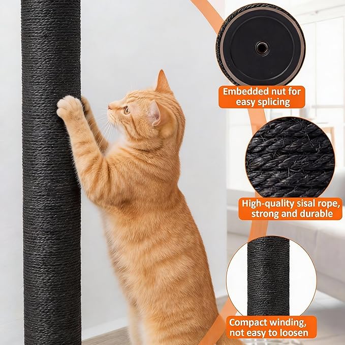 8 Pcs M8 Cat Scratching Post Replacement 15.7x3.1'' Sisal Pole Cat Tree Climbing Post Replacement with Screw Refill Scratcher Pole, Indoor Kitten Tree Tower Spare Furniture Protector (Black)