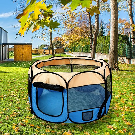 Pet Cat Playpen for Indoor Cats Enclosed,Puppy Small Dog Cat Tent Crates Cage,Portable Pet Dog Playpen,29x29x16,Blue/Beige,1Pack