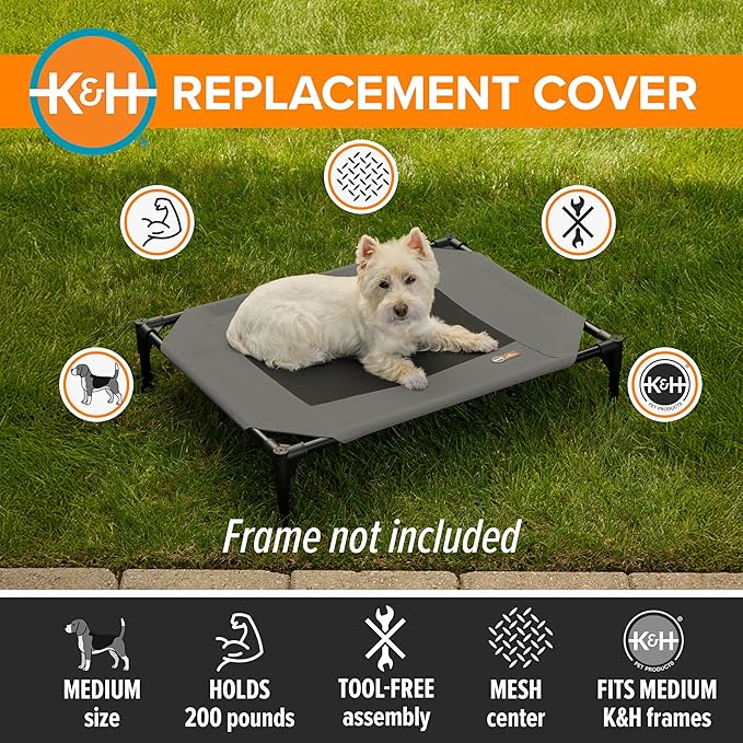 K&H Pet Products Dog Cot Replacement Cover, Designed to fit K&H Medium Pet Cots (Sold Separately), Indoor Outdoor, Breathable Cooling Mesh Center, Machine Washable - Medium 32 X 25in Gray