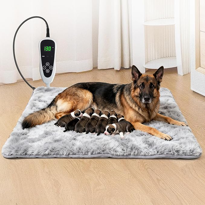 Extra Large Dog Heating Pad, 47×30 In with Smart Thermostat Switch and Power Line Protection Tube,Obtained MET and UL Dual Certification,Waterproof Pet Heating Pad with Long Velvet Cloth Cover