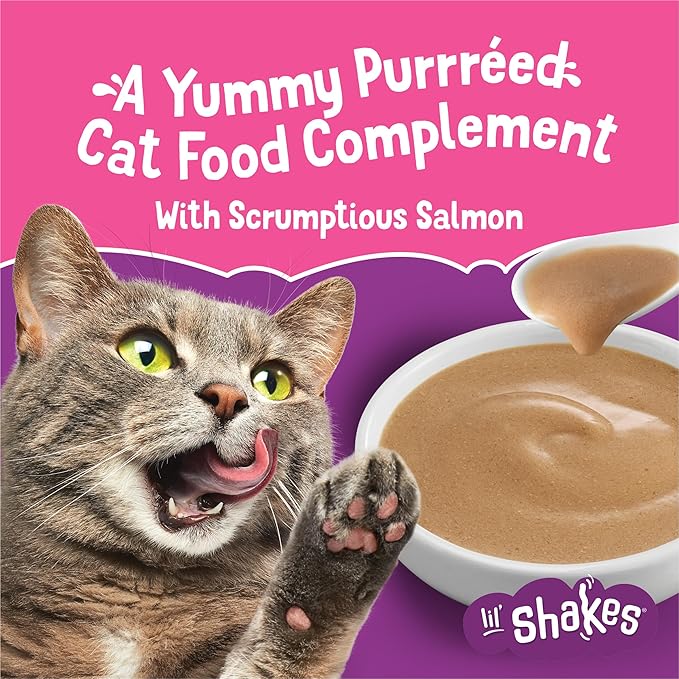 Friskies Purina Pureed Cat Food Topper,Lil’ Shakes with Scrumptious Salmon Lickable Cat Treats - 1.55 oz. Pouches,(Pack of 32)