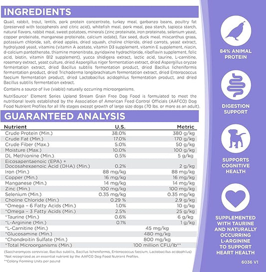 NutriSource Element Series Upland Stream Dry Dog Food, Quail, Rabbit & Trout, 4LB