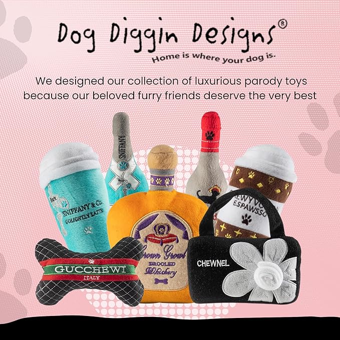 Dog Diggin Designs Runway Pup Collection | Unique Squeaky Parody Plush Dog Toys – Prêt-à-Porter Dog Bones, Balls & More