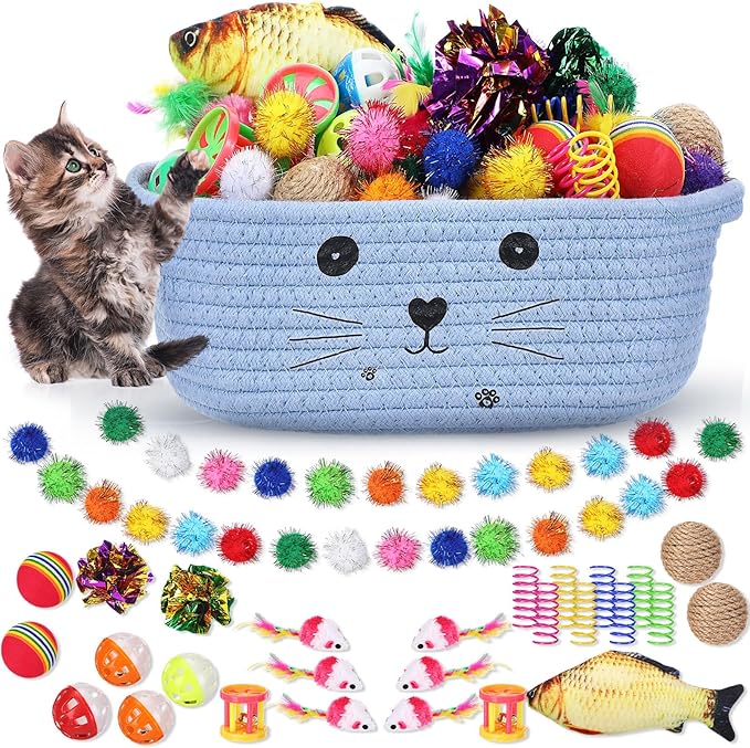Zopeal 58 Pcs Easter Cat Storage Basket Gift Toys Set, Colorful Flashing Balls Pet Bell Crinkle Balls Spring Toys Attract Cat to Swat, Hunt, Interactive for Pet(Light Blue,9.8 Inch)