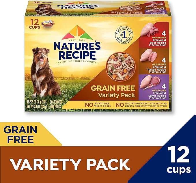 Nature's Recipe Grain Free Wet Dog Food Variety Pack, Chicken Recipes with Beef, Turkey & Lamb in Savory Broth, 2.75 oz. Cups (Pack of 24), 2 Count
